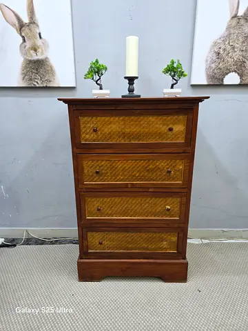 Solid Wood 4-Drawer Chest with Woven Fronts