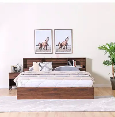 Wooden Double Bed with Built-in Headboard Storage - Walnut Finish