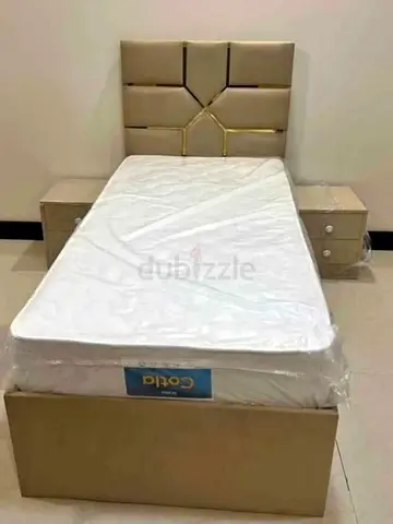 Single Bed with Headboard, Mattress and 2 Bedside Tables - Beige