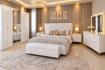 Complete white bedroom set with bed, wardrobe, dresser and nightstands