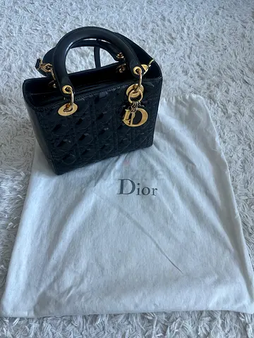 Lady Dior - Black Patent Quilted Shoulder Bag with Gold Hardware