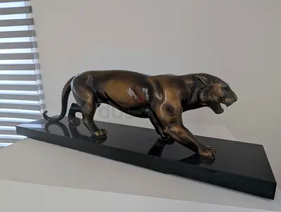 Large Art Deco Bronze Panther Sculpture on Black Marble Base (26 cm High)