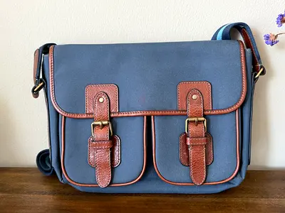 Blue Crossbody Messenger Bag Fossil Brand with Brown Leather Trim - Excellent Condition