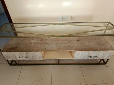 Wood and Metal TV Console / TV Stand with Glass Top