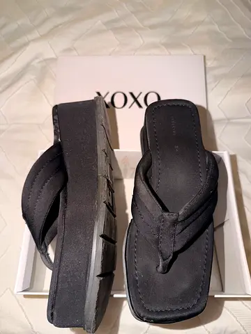 Black platform wedge sandals, size 5.5