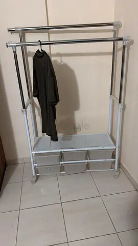 Metal & Plastic Double Rail Clothes Rack with Shelves - Good Condition