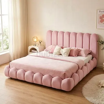 Pink Velvet Upholstered Queen Bed with Padded Headboard