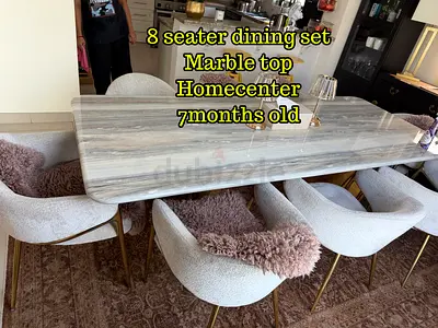Home Centre 8-Seater Natural Marble Dining Table + 8 Chairs | 7 Months Old