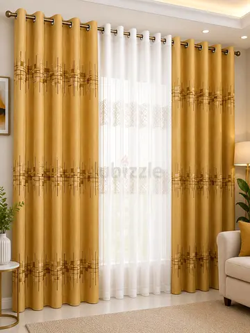 Mustard Gold Eyelet Curtains with Sheer White Panel - Pair