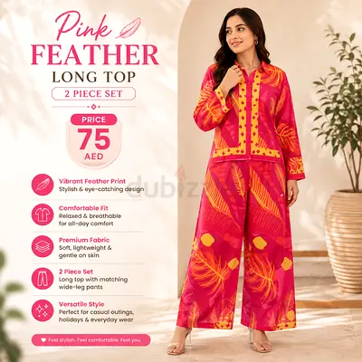 Pink Feather Printed Two-Piece Long Top Set