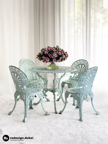 VICTORIAN NEOCLASSICAL DISTRESSED GARDEN DINNING TABLE SET