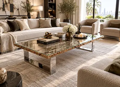 Marina Home Railway Modern rectangular glass-top coffee table with chrome legs