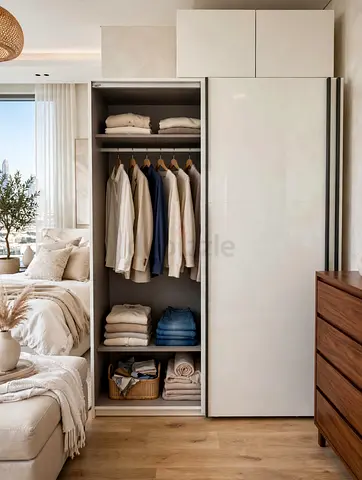 Modern white sliding-door wardrobe with overhead storage - excellent condition