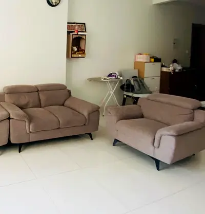 2 -seater beige fabric sofa in good condition , queen size Cot , shoe rack