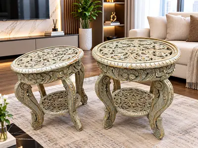 Pair of Carved Wooden Round Side Tables - Antique Finish
