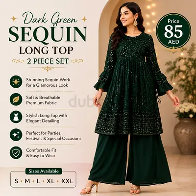 Dark Green Sequin Long Top 2-Piece Set