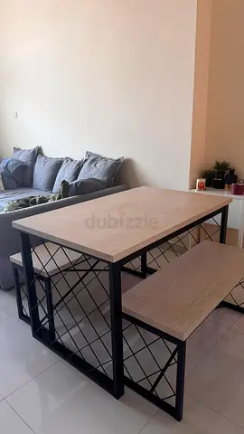 Wooden Top Dining Table with Bench — Industrial Metal Frame, Seats 4