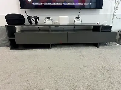 Modern low-profile TV entertainment unit - matte grey, 2 drawers with 2 show pieces set