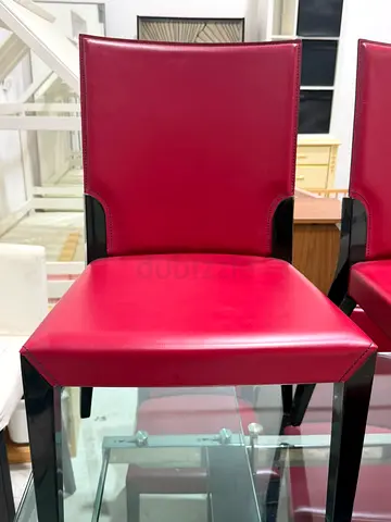 FOR SALE: Designer Red Leather Dining Chairs Luxury Italian Style - High Gloss Black Frame! DETAIL