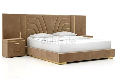 Modern upholstered king bed with integrated headboard and bedside tables