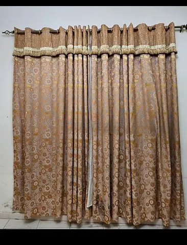 Full set of patterned fabric eyelet curtains with valance - beige/gold