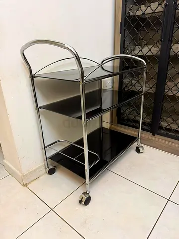 Chrome and Black Glass 3-Tier Serving Trolley on Wheels