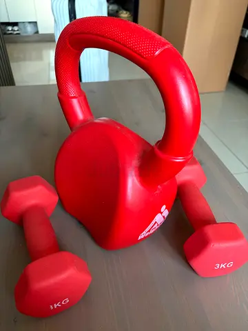Red 3kg Kettlebell with Pair of 3kg Dumbbells - Good Condition
