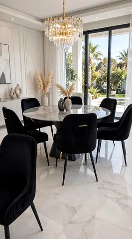 Round Marble Dining Table with 6 Black Velvet Chairs