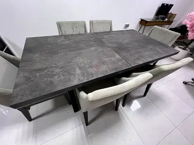 Modern Grey Concrete-Look Dining Table with 6 Velvet Chairs