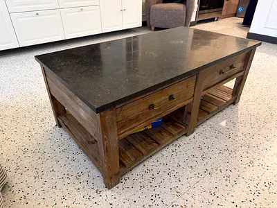Pottery barn Solid Wood Coffee Table with Black Stone Top and Storage Drawers