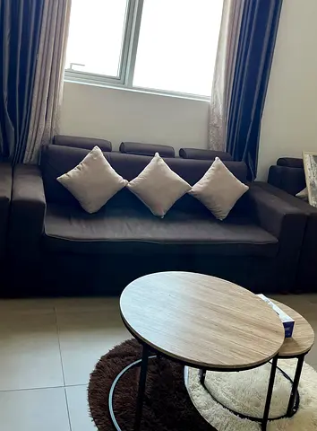 3-seater Fabric Sofa in Dark Brown with Cushions - Good Condition. And One Tabel Fan