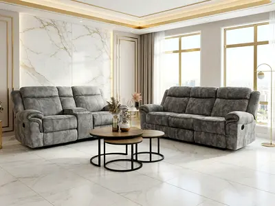 5 Seater Reclining Grey Suede Sofa Set Good Condition