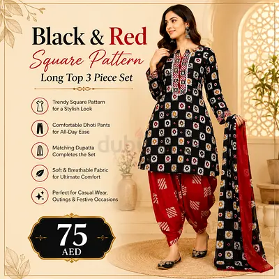 Black & Red Square Pattern Long Top 3-Piece Set