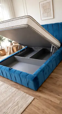Blue Upholstered Storage Bed with Hydraulic Lift - King Size