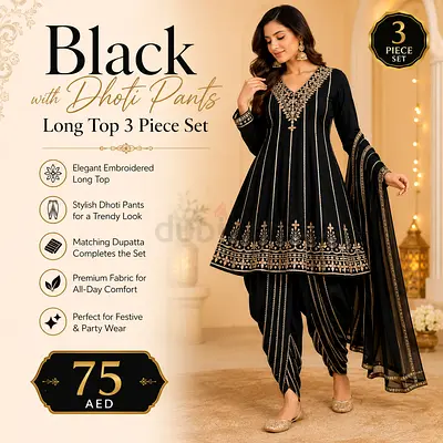 Black Embroidered 3-Piece Long Top with Dhoti Pants and Dupatta