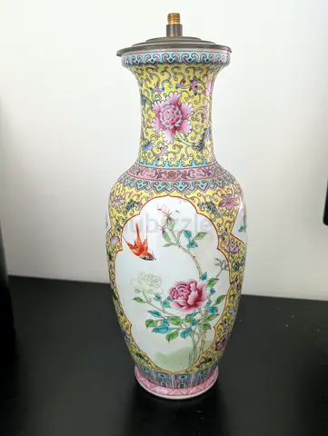 Vintage Chinese Famille Rose Yellow Ground Porcelain Lamp Base (32 cm)