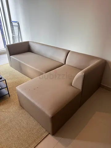 Beige L-shaped Faux Leather Sofa — Compact Corner Unit