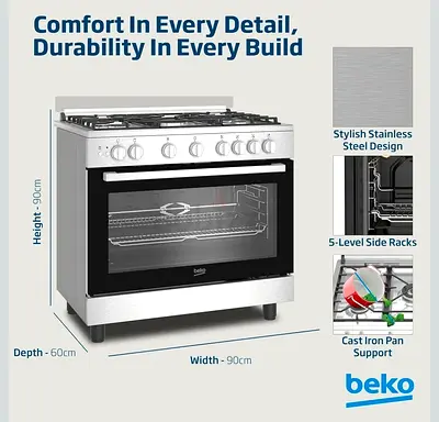 Beko 90x60cm Free standing Gas Cooker, full safety with 5 High Efficiency Gas - Excellent Condition