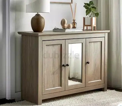 Solid Wood 3-Door Sideboard Cabinet with Center Mirror - Light Oak