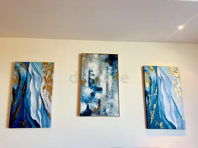 Set of 3 Abstract Blue & Gold Wall Art Paintings - Ready to Hang