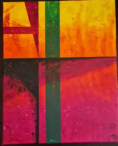Abstract Geometric Acrylic Painting on Canvas - Vibrant Yellow, Pink & Green
