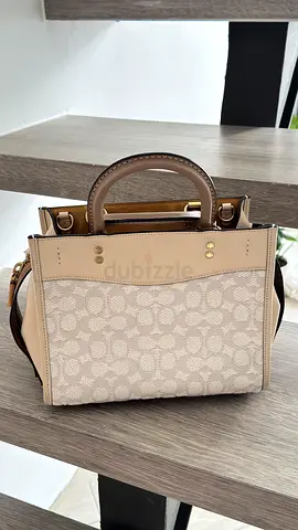 Beige Coach Signature Canvas Tote with Leather Trim