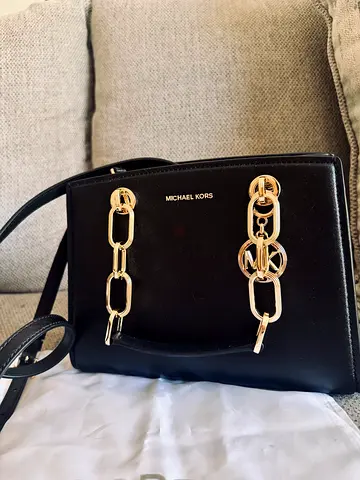 Michael Kors Black Leather Shoulder Bag with Gold Chain Detail