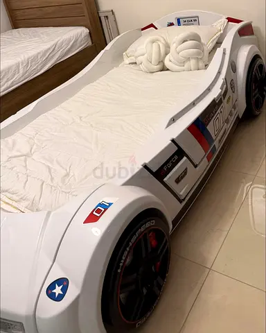 White Racing Car Toddler Bed — Single Size, Good Condition