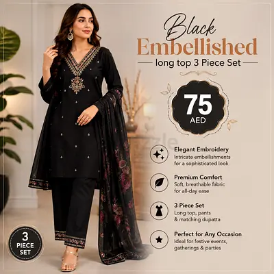 Black Embellished 3-Piece Long Top Set
