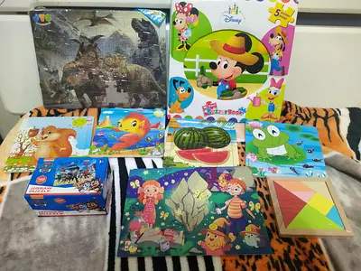 Lot of various kids puzzles and educational wooden puzzles - used
