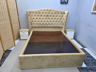 Beige Tufted Velvet Queen Bed Frame with Headboard