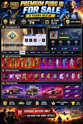 PUBG Mobile Premium ID for Sale — Level 85, 5 Years Old, Rare Skins & Vehicles