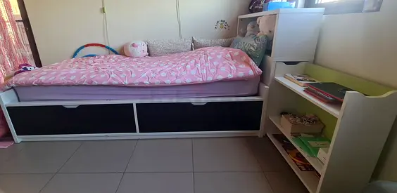 White single bed with under-bed drawers and matching headboard and bookshelf - good condition