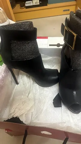 Black leather high-heel ankle boots with buckle detail, size 37